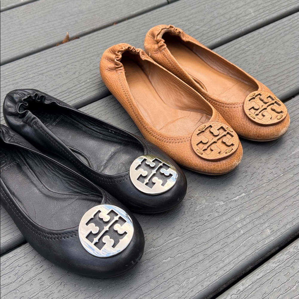 *Tory Burch Black and Tan Ballet Flats Bundle Logo Emblem Womens 6.5 - Picture 2 of 8